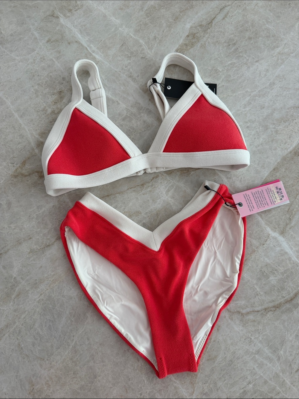 Red and White Contrast Triangle Bikini Set